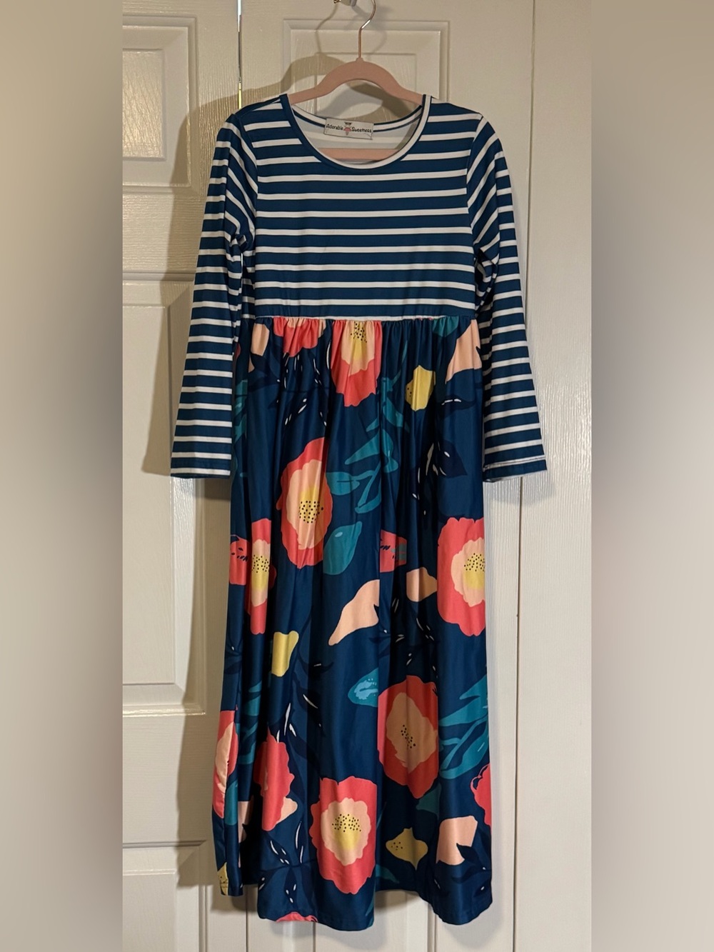 Girls Navy Striped Top Floral Skirt Long Sleeve Dress